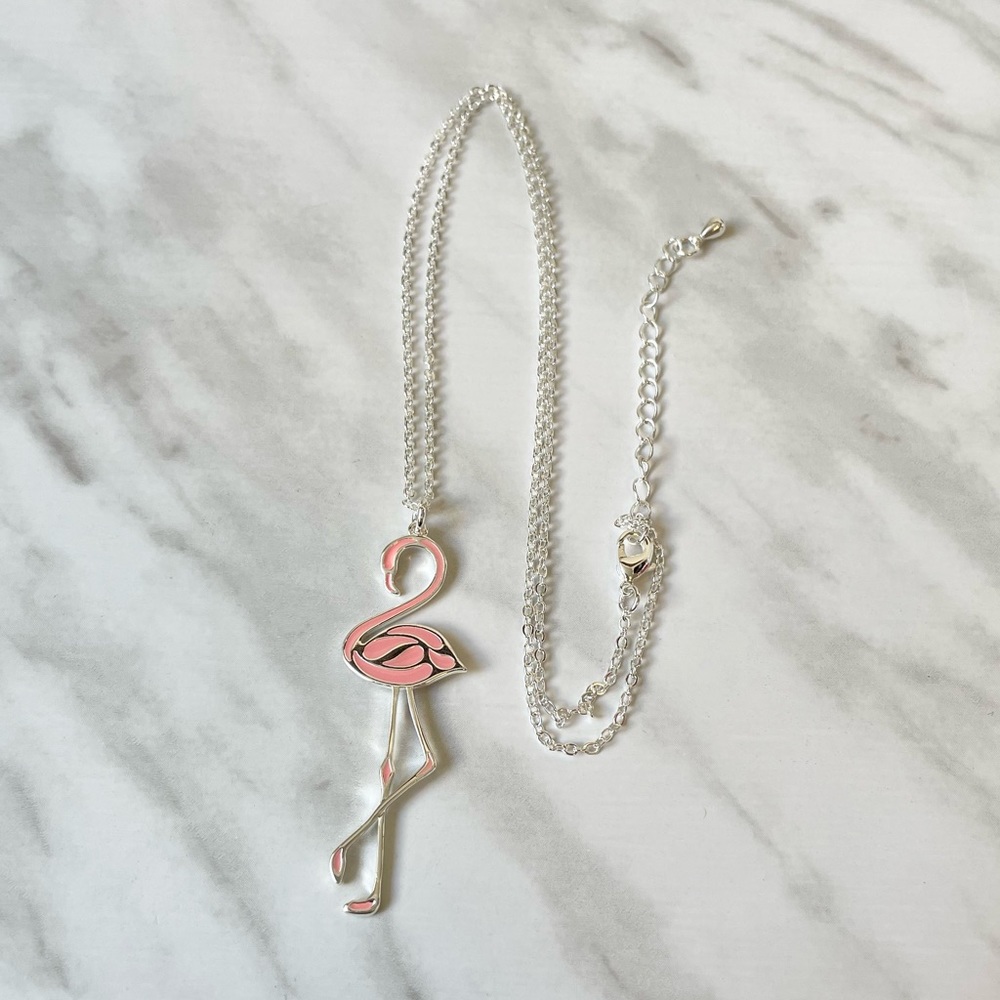 New Pink & Silver Flamingo Pendant Necklace